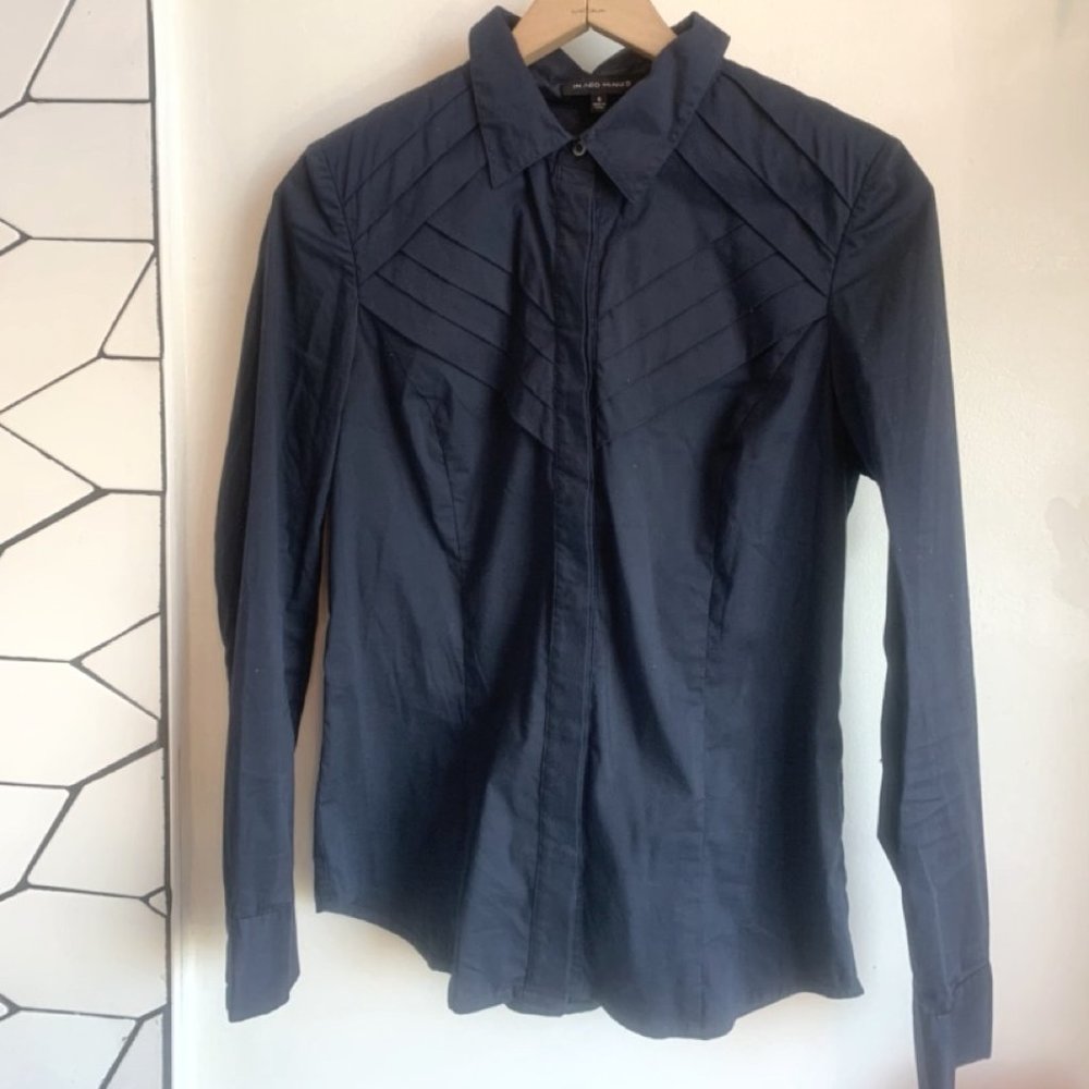 In Add Minus designer pleated, masculine, geometric, hidden button-up navy shirt